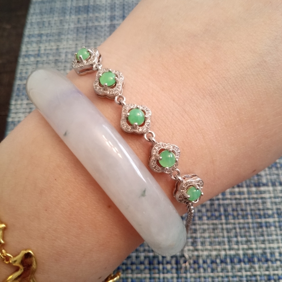 Burmese Jadeite Jade Sterling Silver Bracelet - Picture 3 of 8